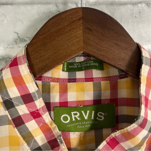 Orvis Collarless Orange Green Gingham Plaid Checked Button Up Short Sleeve Sz L - Picture 4 of 6